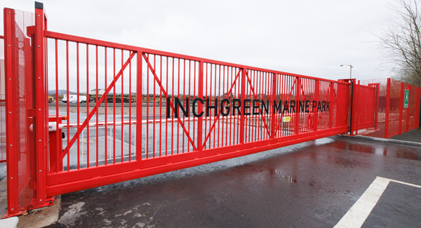 Inchgreen Marine Park, Greenock, Inverclyde, £11 million redevelopment led by Inverclyde Council and Peel Ports Clydeport and funded by the UK and Scottish governments through the Glasgow City Region City Deal. Pictured is the new Main Entrance gates.