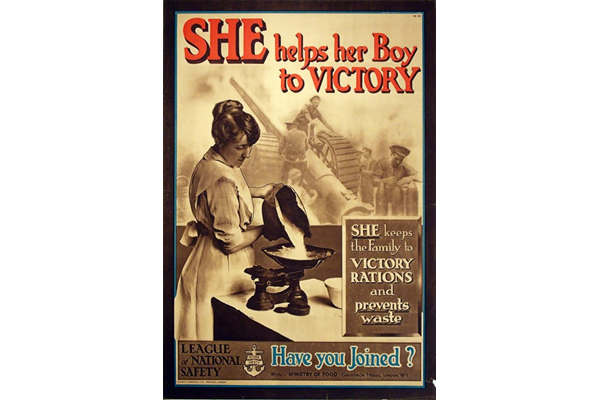 First World War propaganda poster 'She helps her boy to victory', published by the League of National Safety - 1996.100.121 ©McLean Museum and Art Gallery, Greenock.