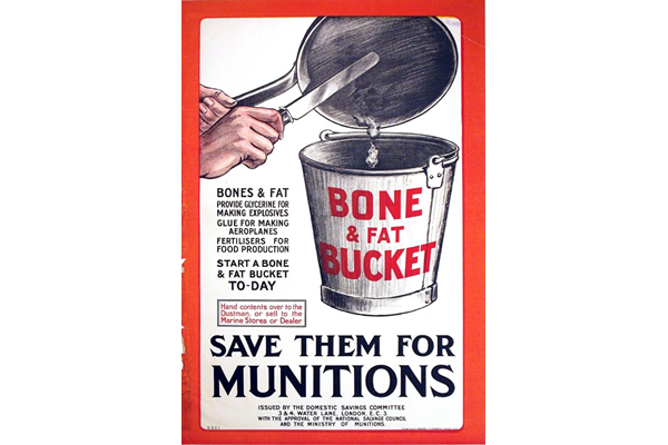 First World War propaganda poster 'Bone and Fat Bucket', published by the Domestic Savings Committee - 1996.100.129 ©McLean Museum and Art Gallery, Greenock. 