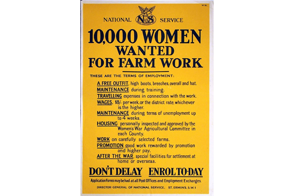 First World War propaganda poster '10,000 women wanted for farm work', published by National Service. - 1996.100.51 ©McLean Museum and Art Gallery, Greenock. 