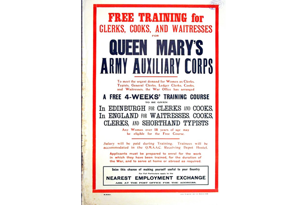 First World War propaganda poster 'Free Training for Clerks, Cooks and Waitresses', published by Queen Mary's Army Auxiliary Corps in 1918. - 1996.100.55 ©McLean Museum and Art Gallery, Greenock.