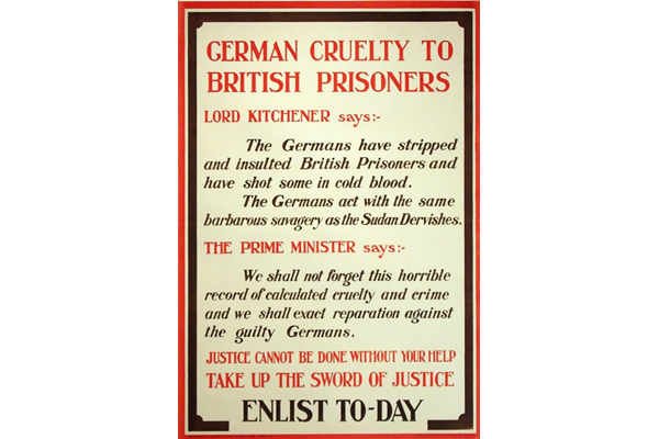 First World War propaganda poster 'German Cruelty to British Prisoners', published by the Parliamentary Recruiting Committee in 1915. - 1996.100.208 ©McLean Museum and Art Gallery, Greenock.