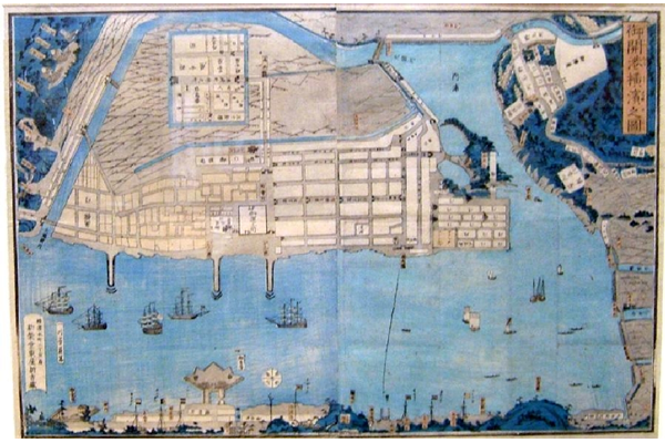 Woodblock printed 19th century map of Yokohama Harbour, Japan.- 1987.210  - ©McLean Museum and Art Gallery, Greenock.