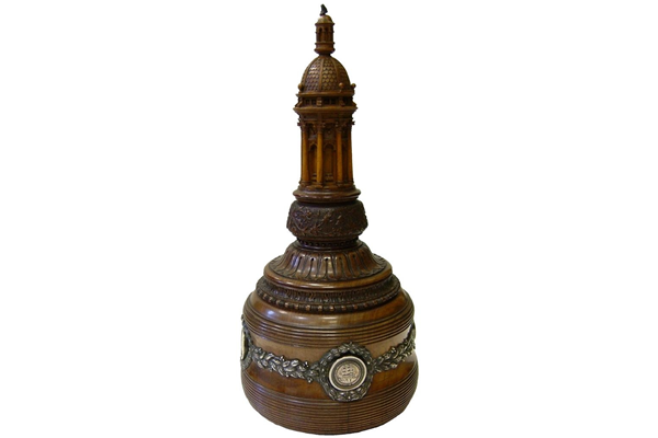 Ceremonial carved wooden mallet inlaid with silver bosses in a tower design. Used in the laying of the foundation stone of the Municipal Buildings, Greenock on 6 August 1881. - 1991.50 © McLean Museum and Art Gallery, Greenock.