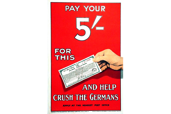 First World War propaganda poster 'Pay your 5/- and help crush the Germans, published by the The Parliamentary War Savings Committee in 1915. - 1996.100.104 © McLean Museum and Art Gallery, Greenock