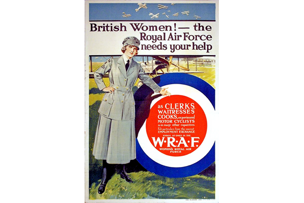 First World War propaganda poster 'British Women! the Royal Air Force needs your help', published by the Women's Royal Air Force in 1918.- 1996.100.45 © McLean Museum and Art Gallery, Greenock