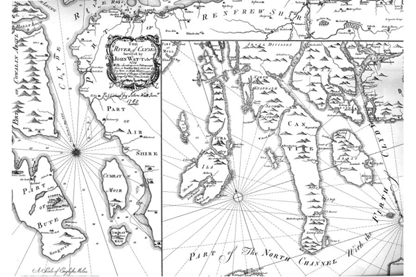 Map of the Clyde as surveyed by John Watt (1694-1737) in 1734 and published in 1758 by James Watt (1736-1819) and sold at his shop in the College of Glasgow in 1759.  - 2003.14 © McLean Museum and Art Gallery, Greenock