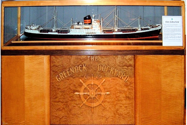 Builder's model of the Clan Sutherland, a cargo vessel, built by the Greenock Dockyard Co. The ship was built as yard No 475 and engined by J.G. Kincaid & Co. Ltd. It was launched on Thursday, 28 December 1950 for Clan Line Steamers Ltd. - 1987.162 - © McLean Museum and Art Gallery, Greenock