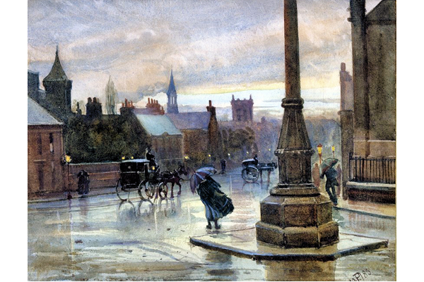 A Wet Night, May 1883 - Watercolour on paper - 22 x 27.5 cm -  1977.754 ©McLean Museum and Art Gallery, Greenock. This work was conserved with the generous assistance of the Scottish Museums Council.

This painting shows a view of George Square and Union Street, Greenock shortly after the construction of the McLean Museum.