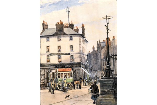 The White Hart Hotel, Cathcart Square, Greenock - 1886 - Watercolour on paper - 24.8 x 18.4 cm  - 1886 - 1977.757 ©McLean Museum and Art Gallery, Greenock. This work was conserved with the generous assistance of the Scottish Museums Council.