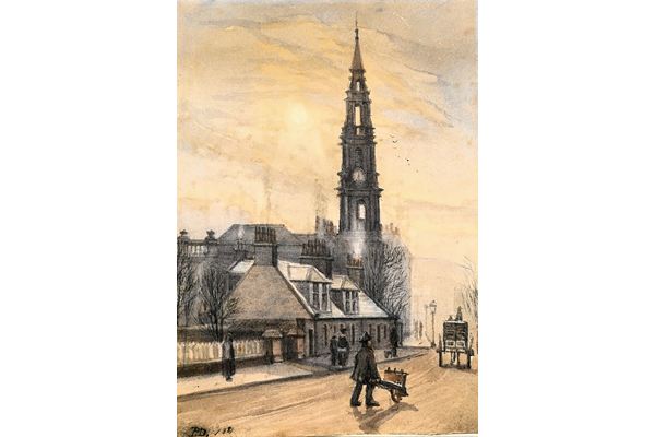 West Kirk Steeple, Nelson Street, Greenock - Watercolour on paper - 21.6 x 15.5 cm - 1881 - 1977.766  ©McLean Museum and Art Gallery, Greenock. This work was conserved with the generous assistance of the Scottish Museums Council.