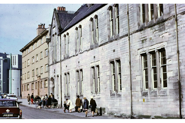 East Shaw Street School, Greenock  - Colour transparency by Eugene Jean Méhat (1920-2000) taken on 25 March 1968 - 2008.72.175. East Shaw Street School was established in 1878 and in ithe early years it supplied "penny dinners" for pupils whose parents were unemployed or in destitute circumstances.