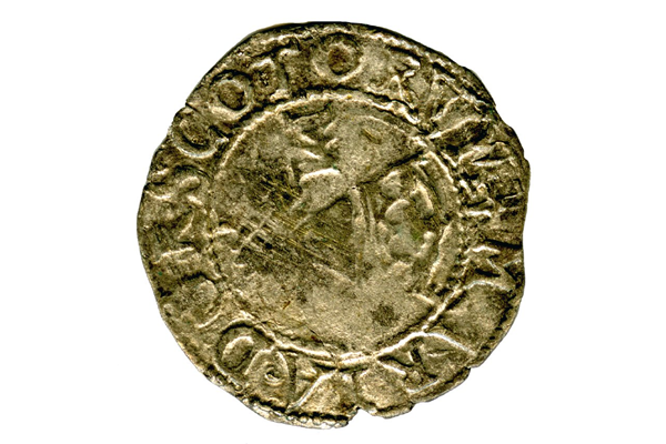 A Queen Mary Scottish Billon Bawbie, dating from the period 1542-1567, part of the Greenock Coin Hoard, made from billon.- 1978.405 © McLean Museum and Art Gallery, Greenock.