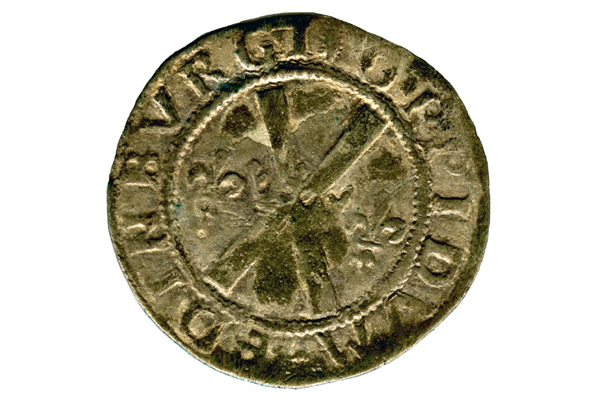 A King James V Scottish Billon Bawbie, type 1A, dating from the period 1538-1539, part of the Greenock Coin Hoard, made of billon. - 1978.421 © McLean Museum and Art Gallery, Greenock.