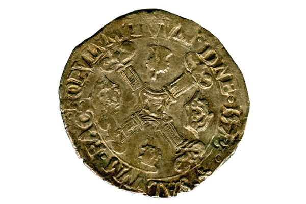 A James VI Quarter Merk / Half Noble coin dated 1573, part of the Greenock Coin Hoard. The Quarter Merk was valued at three shillings and four pence and was made of silver. - 1978.426 © McLean Museum and Art Gallery, Greenock.