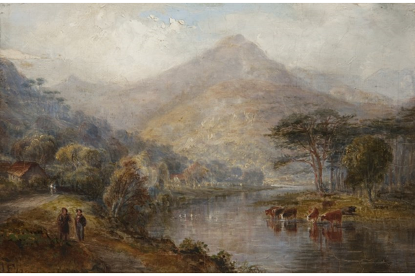 Highland Landscape with Cattle Drinking by John Fleming (1792-1845) - Oil on panel - 15.3 x 22.8 cm - 1827 - 1977.811 - © McLean Museum and Art Gallery, Greenock.