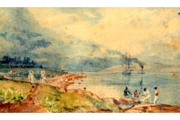 Seashore at Gourock by John Fleming (1792-1845) - Watercolour on paper - 6.9 x 11.6 cm  - 1977.808 - © McLean Museum and Art Gallery, Greenock.