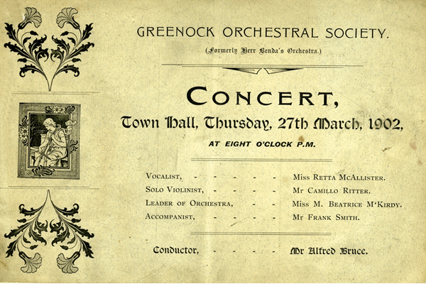 Greenock Orchestral Society conducted by Mr. Alfred Bruce, in the Town Hall, Greenock, on the 27th March 1902. - Ink on paper - 1902 - L2007.62 - © McLean Museum and Art Gallery, Greenock.