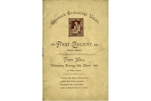 Programme for the First Concert held by the Greenock Orchestral Union in the Town Hall, Greenock on 29th March 1893 - Ink on paper - L2007.55 - © McLean Museum and Art Gallery, Greenock.