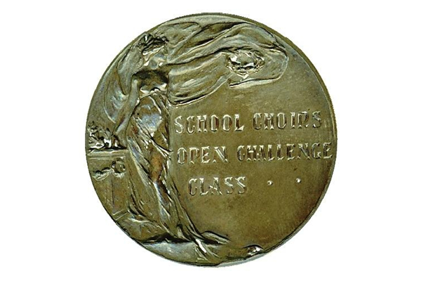 Copper medal inscribed 'Glasgow Choral Festival won by Belville Place Public School Greenock 1915'. Reverse inscribed 'School Choirs Open Challenge Class'. - 2006.285