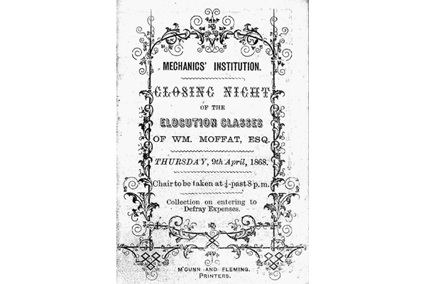 Admission ticket for Mechanics Institution, Greenock for the closing night of Elocution Lessons on 9 April 1868. - 1978.56 ©McLean Museum and Art Gallery, Greenock.