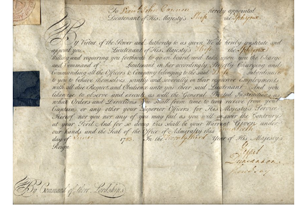 Vellum letter commissioning a John Cannon as Lieutenant of His Majesty's ship the SPHYNX, dated 1793. HMS SPHYNX was a Sixth-Rate 20-gun ship built to the design of Sir John Williams, surveyor of the Navy, at Portsmouth, Hampshire, and launched in 1775. She was broken up in 1811. - 1997.32 ©McLean Museum and Art Gallery, Greenock.