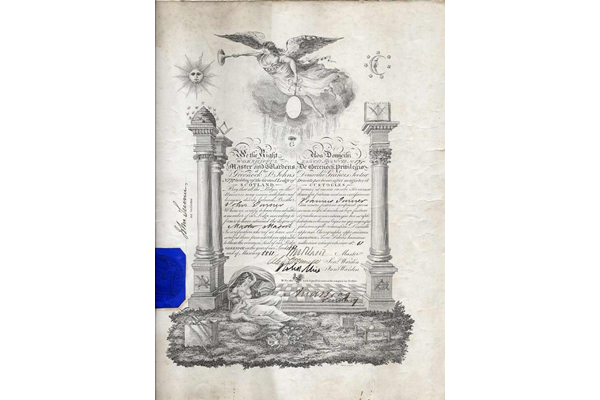 Membership certificate for Freemason Lodge No.175 St. John's, Greenock in the name of John Turner, who was received as a member in 1861. Document also bears a blue seal. - 1977.591 ©McLean Museum and Art Gallery, Greenock.