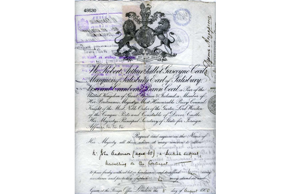 Passport issued to John Anderson, born 1835, by the British Government on the 11 August 1900 for a visit by him to Russia. - 1977.1275 ©McLean Museum and Art Gallery, Greenock.