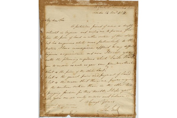 In this letter John Galt makes various enquiries about Virginia, including: 'What is the price of the state land? What is the general price and payment of land? What is the reason that there are fewer Negroes in the western section than in the other two.' The letter is dated 14 May 1831. - 1997.54 ©McLean Museum and Art Gallery, Greenock.