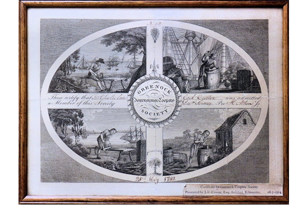 Greenock Journeymen Coopers Society Certificate, numbered No.92, in the name of James Chisholm, corkcutter, dated 25 May 1792. - 1977.263 ©McLean Museum and Art Gallery, Greenock.