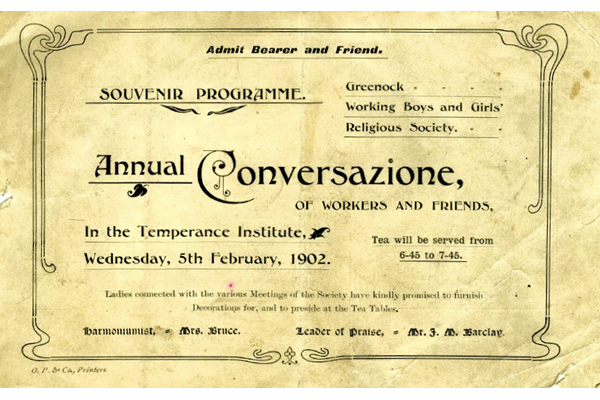 Souvenir programme and admission ticket for the Annual Conversazione of workers and friends of the Temperance Institute, Greenock held on Wednesday 5 February 1902 in the Temperence Institute, Greenock. - 1978.2 ©McLean Museum and Art Gallery, Greenock.