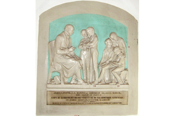 Plaster bas-relief plaque by George Mossman (1823 -1863), of James Brown LL.D., Master of Greenock Grammar School, and a group of pupils including Norman Macbeth, James Fraser Paton and William T. Johnston. - 1978.271  - © McLean Museum and Art Gallery, Greenock.