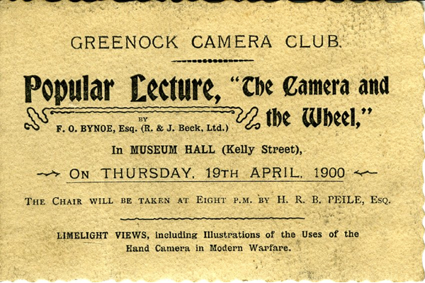 Admission ticket for Greenock Camera Club lecture:  'The Camera and the Wheel' held in the Watt Hall, McLean Museum on Thursday 19th April 1900. - 1995.25 - © McLean Museum and Art Gallery, Greenock