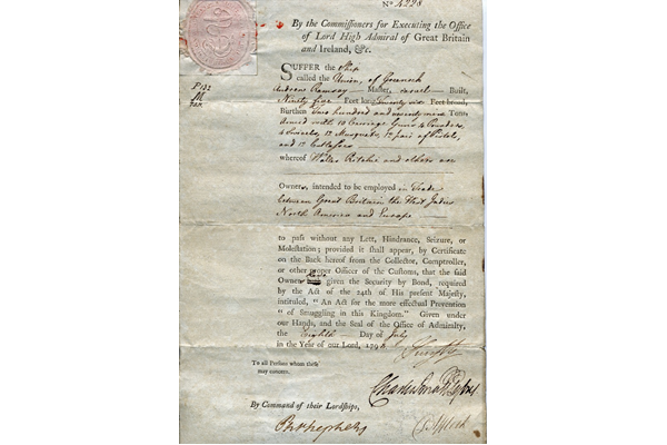 Admiralty papers, dated 1798, authorising the ship UNION of Greenock, mastered by Andrew Ramsay, to trade between Great Britain, West Indies, North America and Europe. - 1978.188 - © McLean Museum and Art Gallery, Greenock