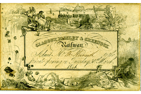 The ticket says: 'Admit Mr. McHuraith to the private opening on Tuesday 30th March 1841. The train will leave Greenock at 10 3/4 o'clock A.M.' - 1992.122 - © McLean Museum and Art Gallery, Greenock