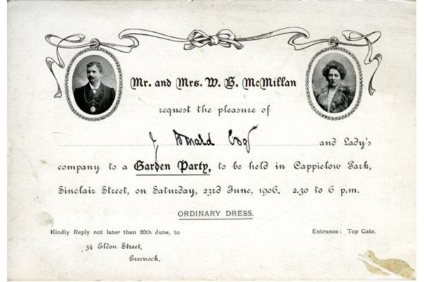 Invitation to a Garden Party by Mr & Mrs William Bentley McMillan, the party to be held at Cappielow Park, Greenock on Saturday, 23rd June, 1906 2.30 to 6 p.m. - 2006.35 - © McLean Museum and Art Gallery, Greenock