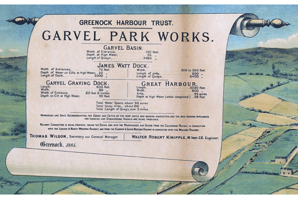 Title cartouche from an aerial drawing showing the layout of the proposed James Watt Dock Works in 1885. - Colour lithograph on paper - 2012.63 - © McLean Museum and Art Gallery, Greenock