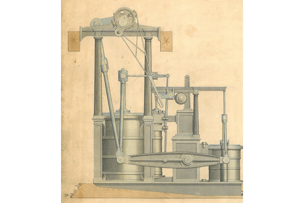 Engineering drawing of the side lever steam engine of the Liverpool built by Robert Steele of Greenock with engines by Caird & Co., Greenock in 1830. - 2007.14 - © McLean Museum and Art Gallery, Greenock