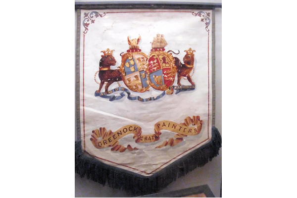 A painted textile banner of the Greenock Cooperative Painters Society, dated 1868. The society was founded in 1857. - 1981.1585 - © McLean Museum and Art Gallery, Greenock