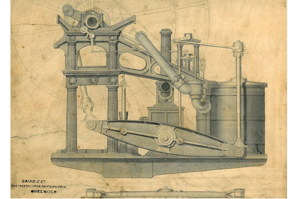 Engineering drawings of the side lever engine from HMS Sphinx built by Caird & Co., Greenock.  HMS Sphinx was a wooden paddle sloop launched in 1846 and broken up in 1881. - 2007.15 - © McLean Museum and Art Gallery, Greenock