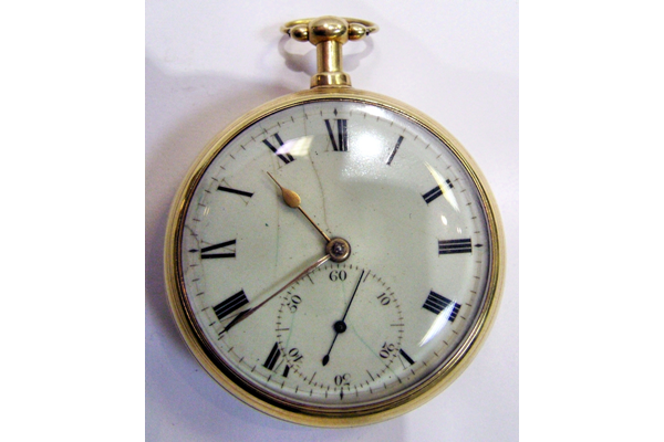 Nineteenth century gold pocket watch originally owned by Ninian Hill M.D. (1794-1869) of Greenock. The watch has a gold outer casing and a hinged watch glass. - 2001.291 - © McLean Museum and Art Gallery, Greenock