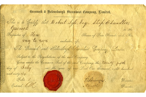 Share certificate for 10 shares in the Greenock and Helensburgh Steamboat Co. Ltd. made out to Robert Lyle Esq., Ship Chandler of Greenock dated 25 July 1866. - 1977.72 - © McLean Museum and Art Gallery, Greenock