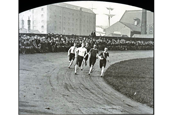 First lap of the half-mile race at at Morton Sports, Cappielow, Greenock 1893 - Lantern slide transparency - P4225 - © McLean Museum and Art Gallery, Greenock