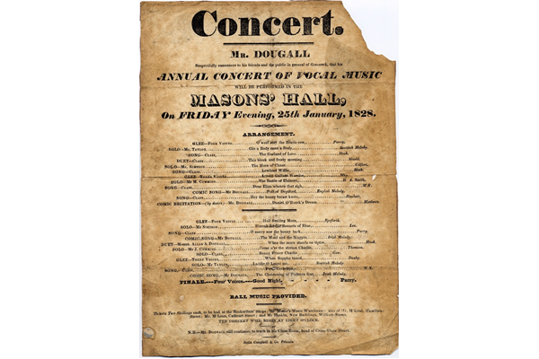 Concert Poster for the Masons' Hall, Greenock on 25 January 1828 - The concert was organised by Neil Dougall (1776-1862), who wrote and taught music in Greenock. - 1997.28 - © McLean Museum and Art Gallery, Greenock