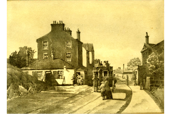 'Toll Bar and Cappielow Inn, Port Glasgow Road, Greenock' - lithograph print after Patrick Downie (1854-1945) published in 1891 - 2012.40 - ©McLean Museum and Art Gallery, Greenock. 