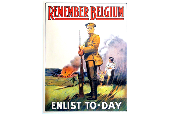 First World War recruitment poster 'Remember Belgium' issued by the Parliamentary Recruiting Committee in 1915. - 1996.100.487 ©McLean Museum and Art Gallery, Greenock.