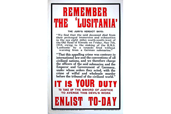 First World War recruitment poster 'Remember the Lusitania!', published by the Parliamentary Recruiting Committee in 1915 - 1996.100.36 ©McLean Museum and Art Gallery, Greenock.