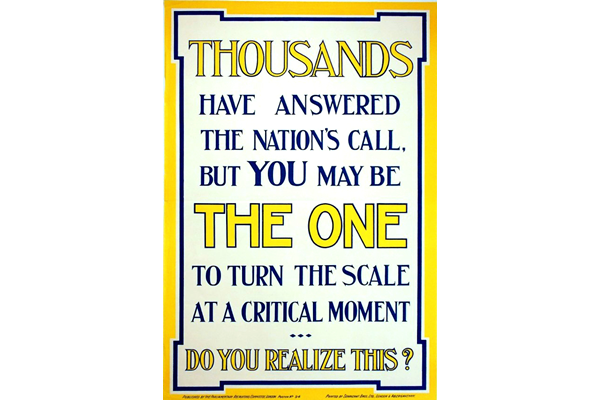 First World War recruitment poster 'Thousands have answered the Nation's Call', published by the Parliamentary Recruiting Committee in 1915. - 1996.100.213 ©McLean Museum and Art Gallery, Greenock.