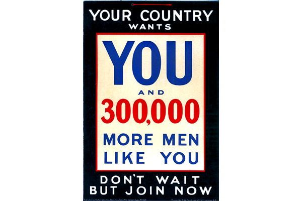 First World War recruitment poster 'Your Country Wants You', published by the Parliamentary Recruiting Committee, London in 1915. - 2012.102.20 