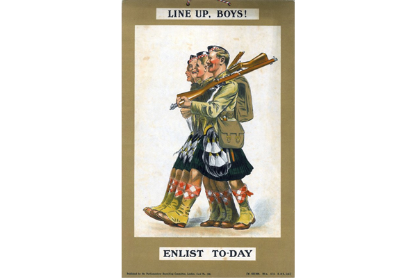 First World War recruitment poster 'Line Up Boys - Enlist Today', published by the Parliamentary Recruiting Committee, London in 1915. - 2012.102.19 ©McLean Museum and Art Gallery, Greenock.